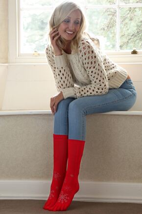 Ladies 1 Pair Elle Glitter Snowflake Toe Sock In 2 Colours Red