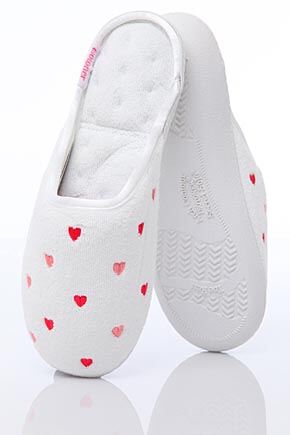 Ladies 1 Pair Isotoner Heart Embroidered Secret Sole Terry Mule Slippers 25% OFF White-Pink Hearts M