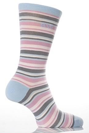 Ladies 1 Pair Elle Fine Pima Cotton Stripe Trouser Sock In 7 Colours Powder Blue
