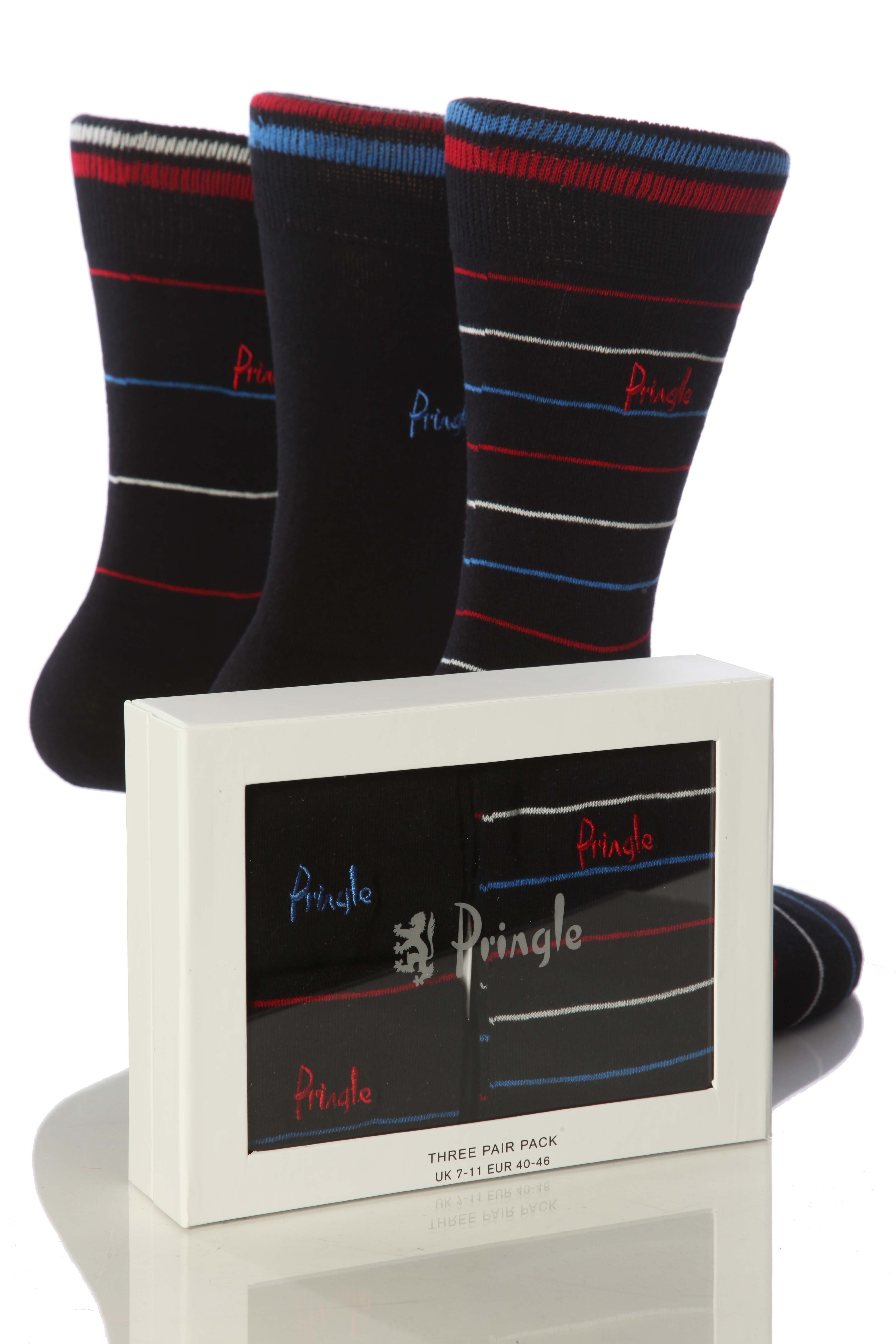 Mens 3 Pair Pringle Benmore Stripe Sock Gift Box In 3 Colours Charcoal