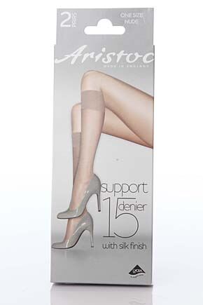 Ladies 2 Pair Aristoc 15 Denier Medium Support Knee Highs In 2 Colours Black