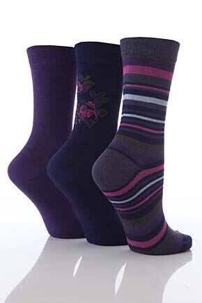 Ladies 3 Pair Elle Bamboo Plain And Stripe Gift Box In 2 Colours Dark Navy
