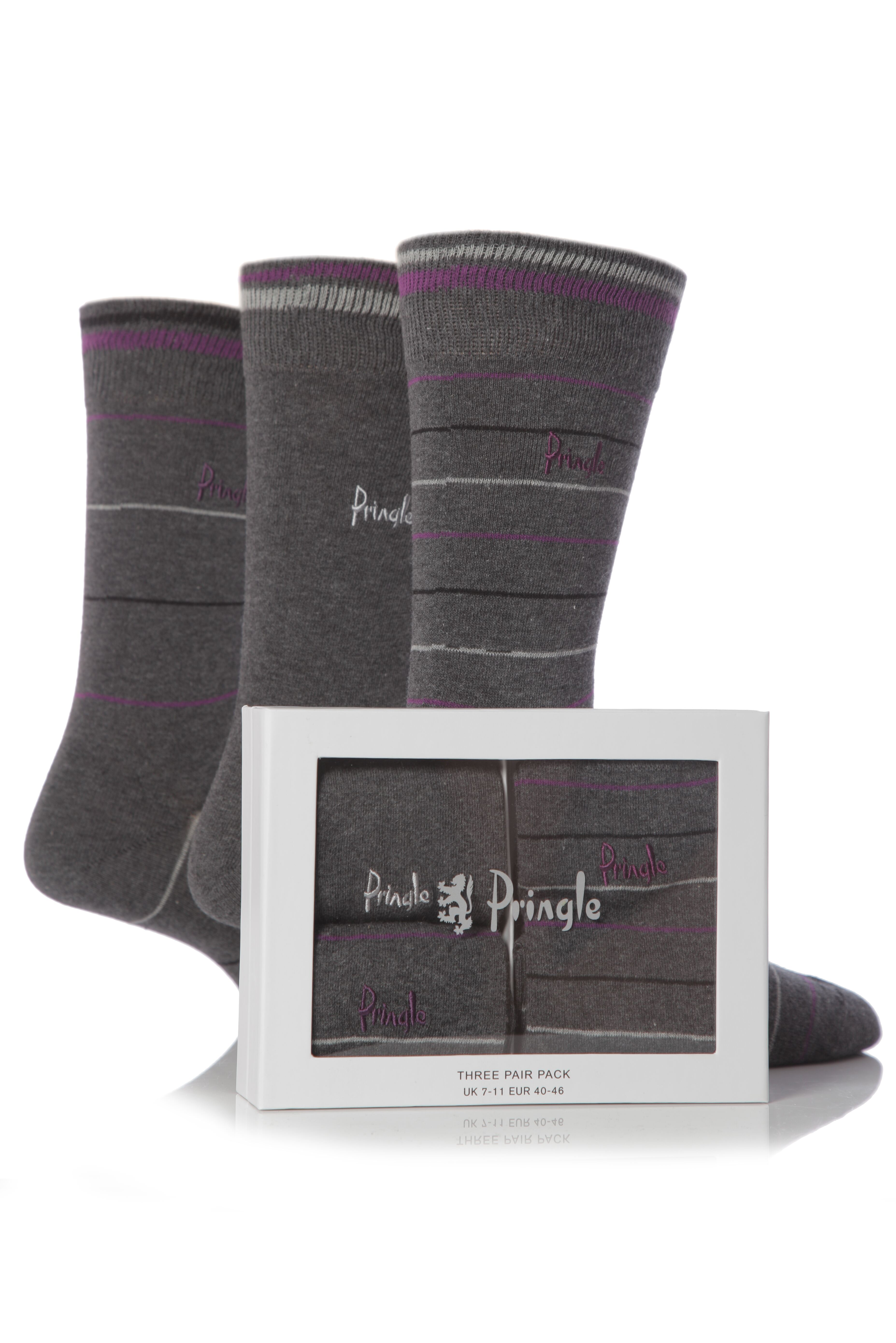 Mens 3 Pair Pringle Benmore Stripe Sock Gift Box Charcoal Voolium