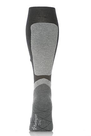 A specialist Burlington knee high sock for horse riding with cushioned zones, soft rim and ventilated sole. Giving perfect comfort and protection from the rigours of galloping across fell and glen. The Burlington branded stud is the mark of quality.