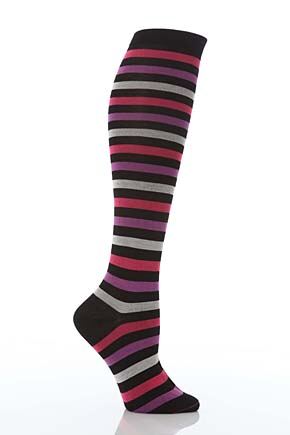 Ladies 1 Pair Pantherella Cotton Lisle Tricolour Striped Knee High Socks In 3 Colours Charcoal