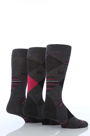 Mens 3 Pair Pringle Milport Stripes & Diamonds Socks 25% OFF Charcoal