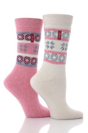 Ladies 2 Pair Jeep Fairisle Jacquard Socks Pink - Cream