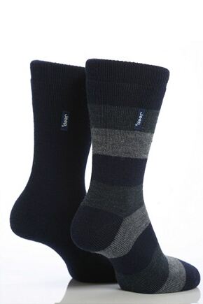 Mens 2 Pair Jeep Rugby Stripe & Plain Wool Mix Boot Socks In 3 Colours Navy