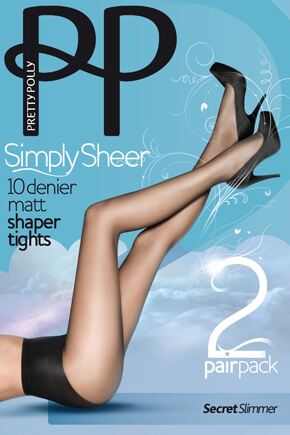 Ladies 2 Pair Pretty Polly 10 Denier Simply Sheers Secret Slimmer Tights In 2 Colours Black ML