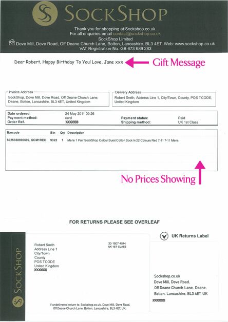 Order Paperwork with a Gift Message & No Prices