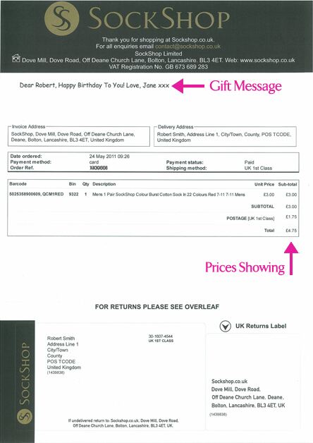 Order Paperwork With A Gift Message & Prices Showing As Normal