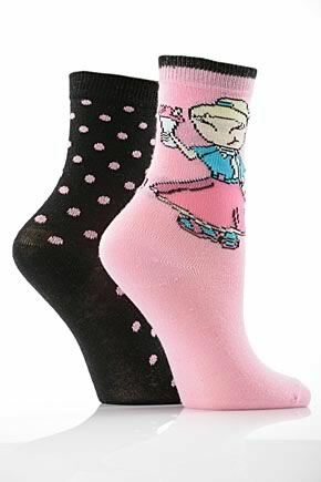 Girls 2 Pair SockShop Fifties Chick Cotton Rich Socks PinkBlack