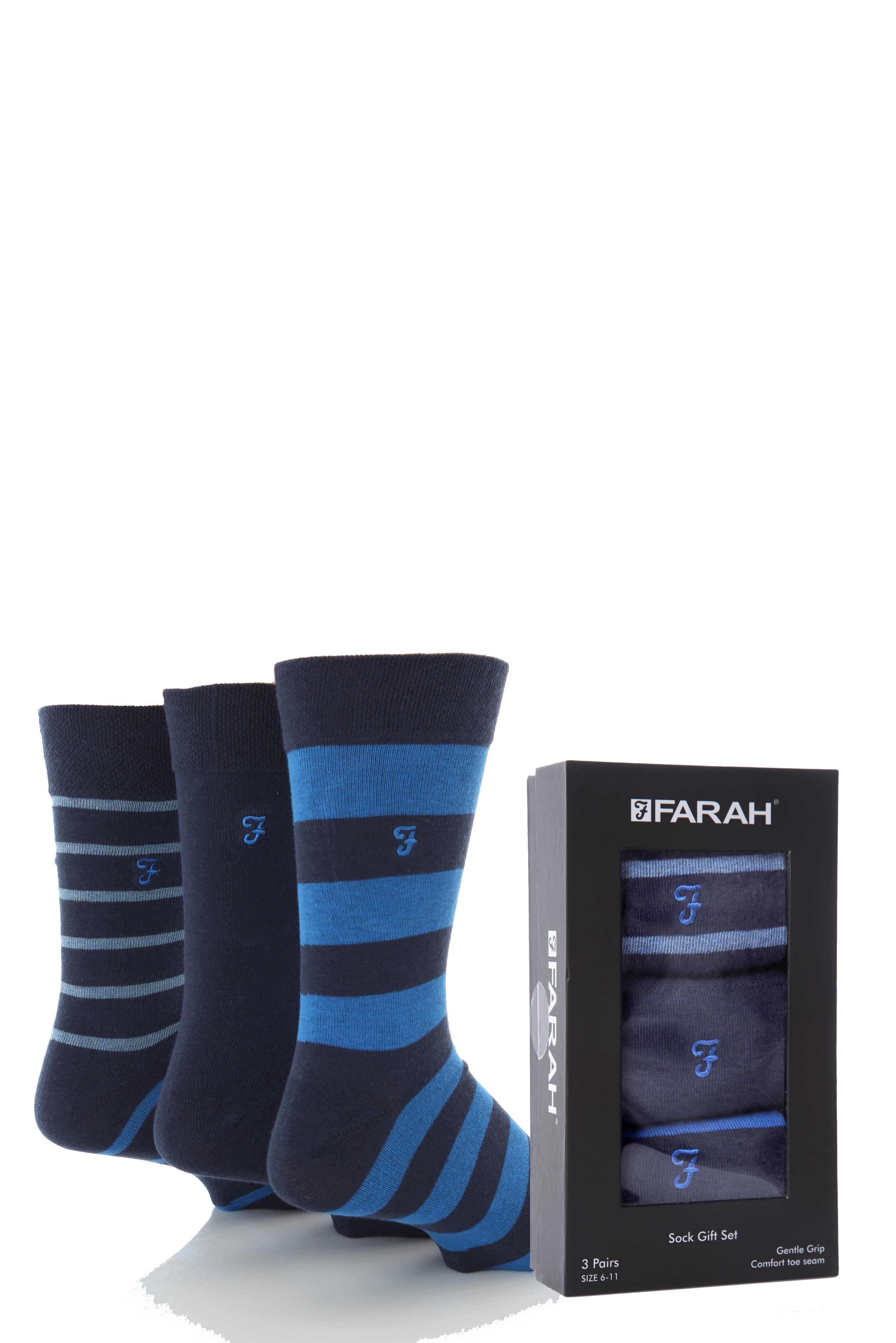 Mens 3 Pair Farah Stripe & Plain Socks Gift Set In 4 Colours Navy