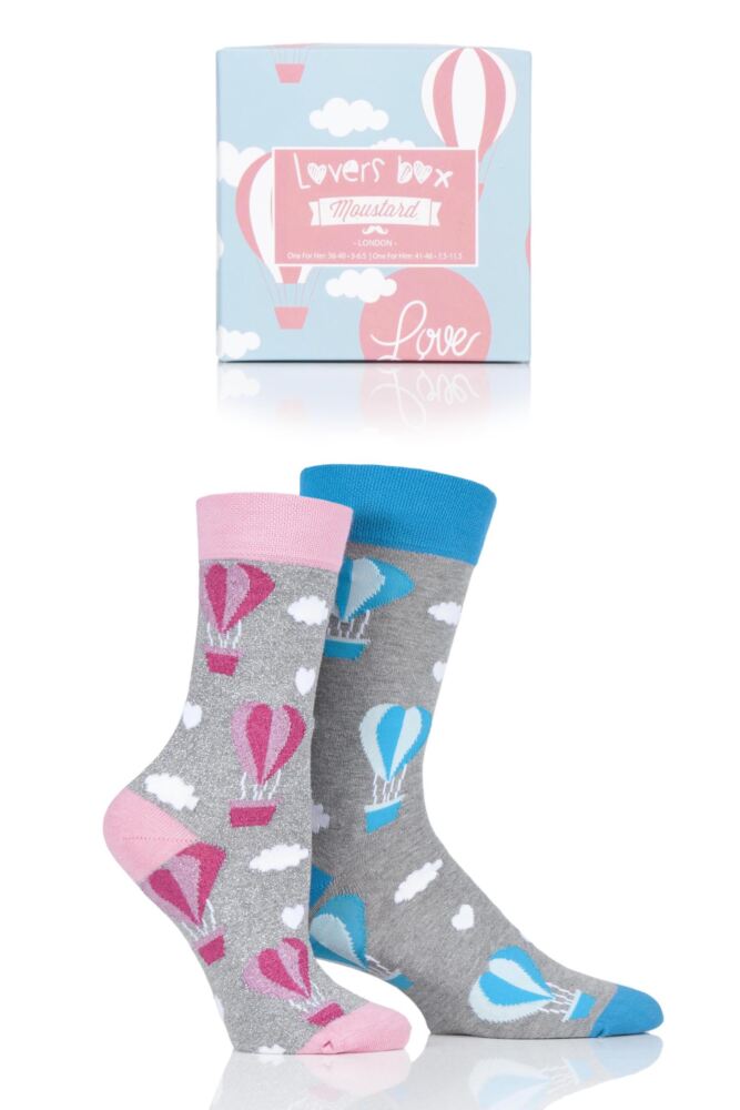 MENS AND LADIES 2 PAIR MOUSTARD LOVE IS IN THE AIR BALLOON GIFT BOXED COTTON SOCKS