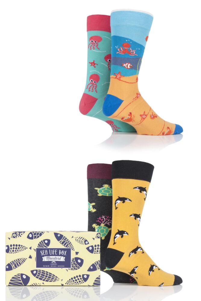 MENS AND LADIES 4 PAIR MOUSTARD SEA LIFE COLLECTION GIFT BOXED COTTON SOCKS