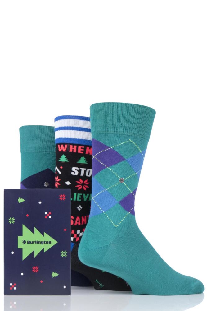  Mens 3 Pair Burlington Christmas Argyle Mixed Cotton Socks In Gift Box