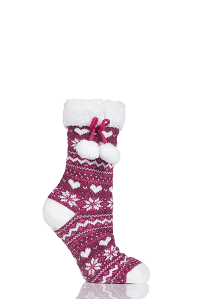 Totes Fleece Lined Fairisle Slipper Socks with Tassle Berry