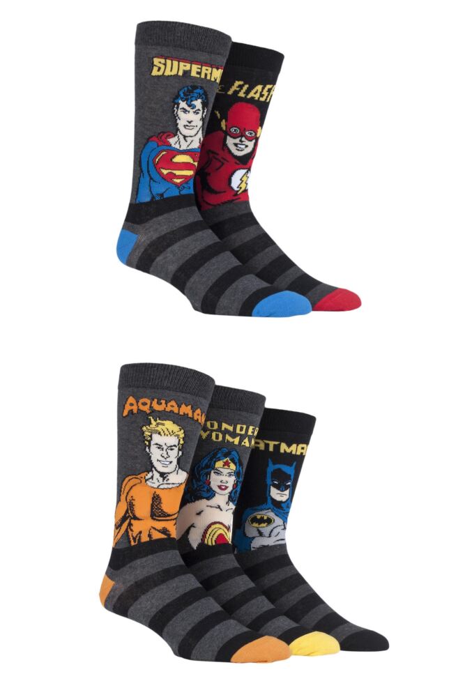 <div class="font-weight-bold">Film & TV Characters</div>Mens Cotton Justice League Aquaman Flash Superman Batman & Wonder Woman Socks