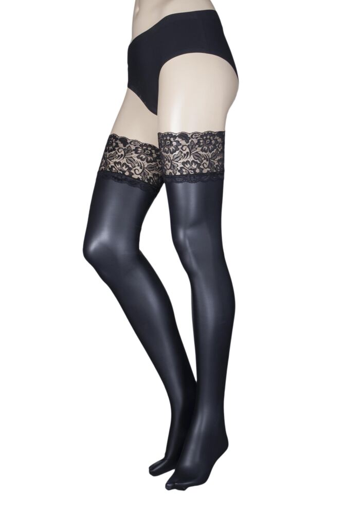 Ladies 1 Pair Trasperenze Allen Leather Look Lace Top Hold Ups