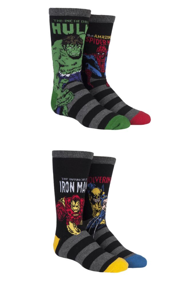 <div class="font-weight-bold">Film & TV Characters</div>Kids Cotton Marvel Comics Mix Hulk Spider-Man Iron Man & Wolverine Socks 4-Pair