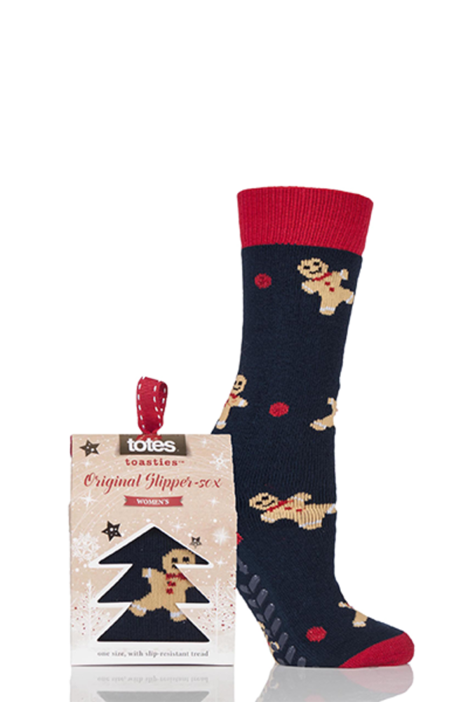 Totes Novelty Gingerbread Man Slipper Socks with Grip Navy