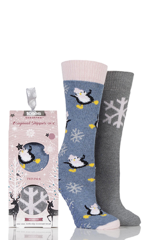 Totes Novelty Penguin and Snowflake Slipper Socks Multi