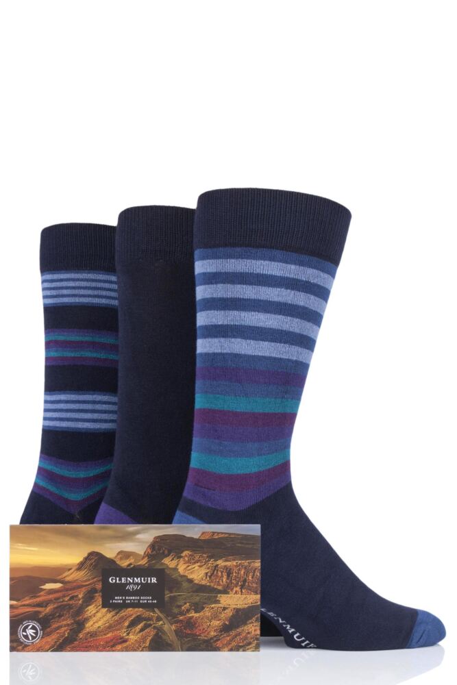  Mens 3 Pair Glenmuir Stripes and Plain Gift Boxed Bamboo Socks