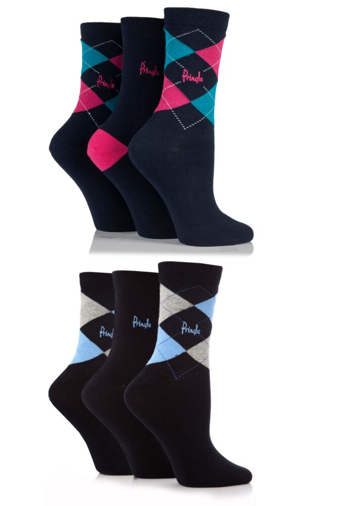 Ladies 6 Pair Pringle Louise Argyle Cotton Socks