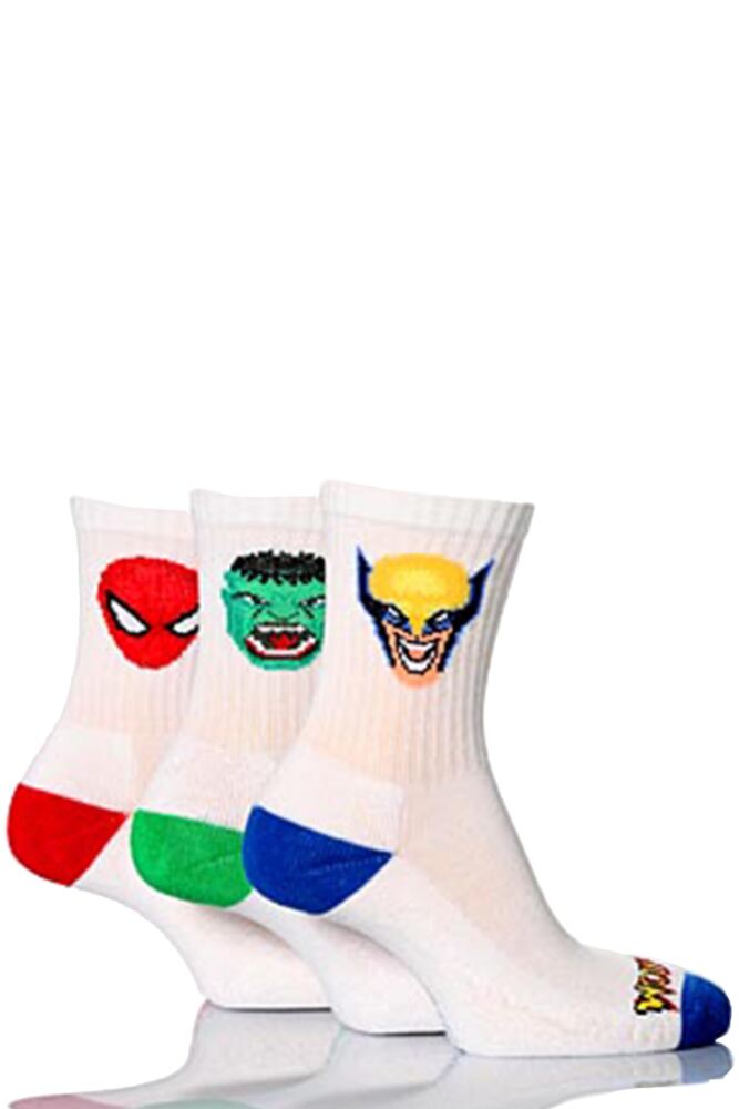 BOYS 3 PAIRS MARVEL HEROES WHITE SPORTS SOCKS - HULK, SPIDER-MAN AND WOLVERINE