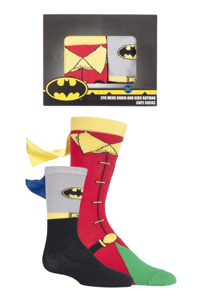 <div class="font-weight-bold">Film & TV Characters</div>Adult and Kids Cotton Batman & Robin Cape Socks Gift Box