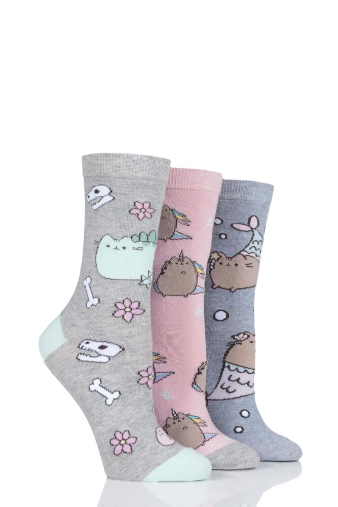 Ladies SockShop 3 Pair Pusheen Dinosaur, Unicorn and Mermaid Cotton Socks