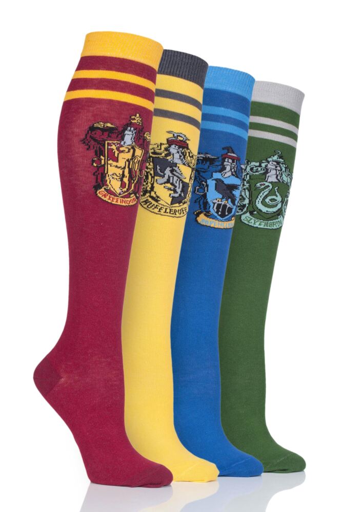  Ladies SockShop 4 Pair Harry Potter House Badges Cotton Knee High Socks