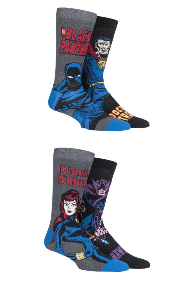 <div class="font-weight-bold">Film & TV Characters</div>Mens Cotton Marvel Hawkeye Black Widow Black Panther & Doctor Strange Socks 4-Pair