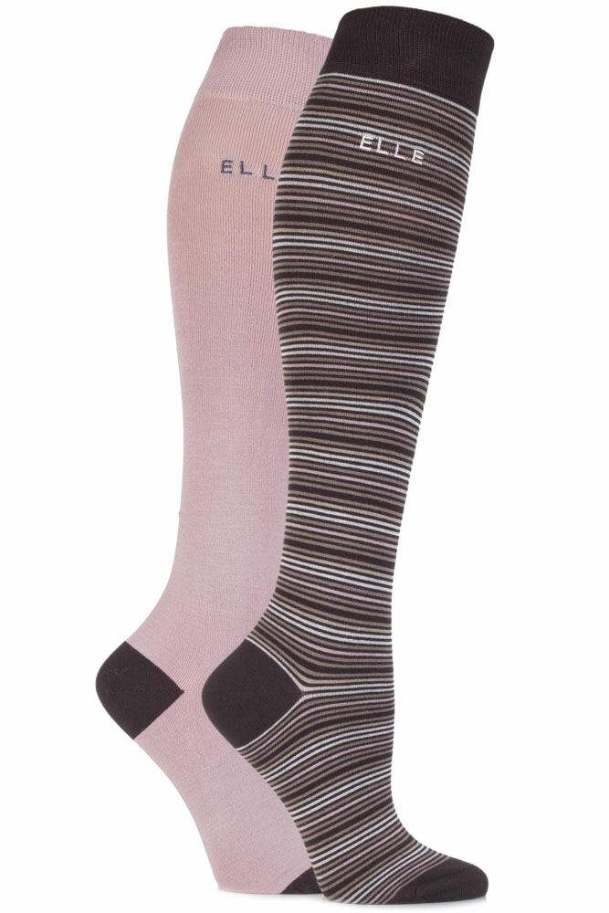 Ladies 2 Pair Elle Bamboo Striped and Plain Knee High Socks In 2 Colours