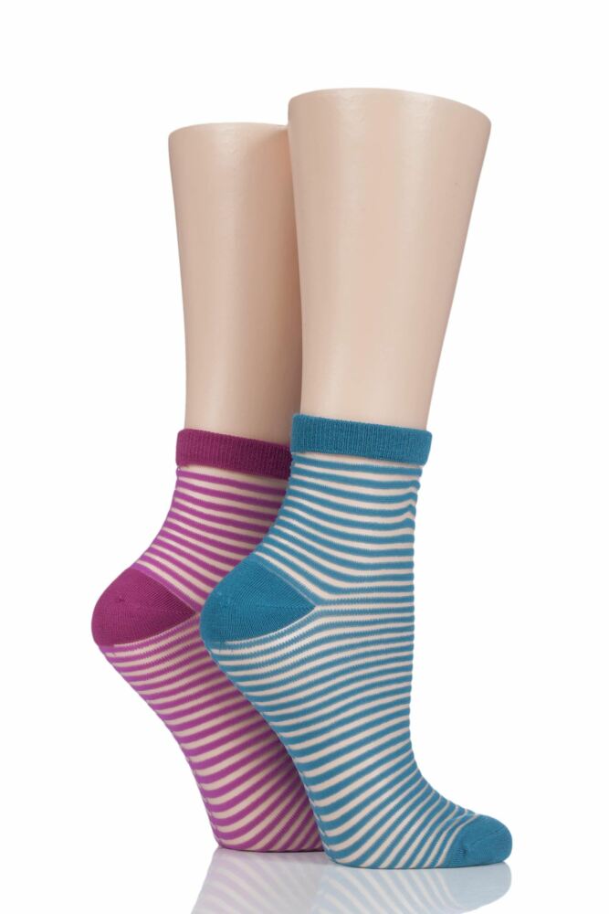 Ladies 2 Pair Elle Sheer Stripe Bamboo Anklet Socks