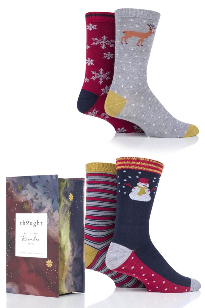  Mens 4 Pair Thought Classic Christmas Bamboo and Organic Cotton Socks Gift Box