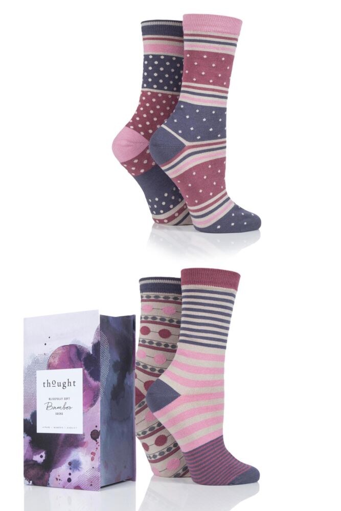 LADIES 4 PAIR THOUGHT SPOT AND STRIPE BAMBOO AND ORGANIC COTTON SOCKS GIFT BOX