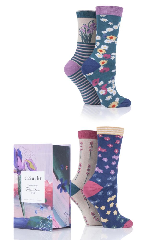 LADIES 4 PAIR THOUGHT SPRING FLOWERS BAMBOO AND ORGANIC COTTON GIFT BOXED SOCKS