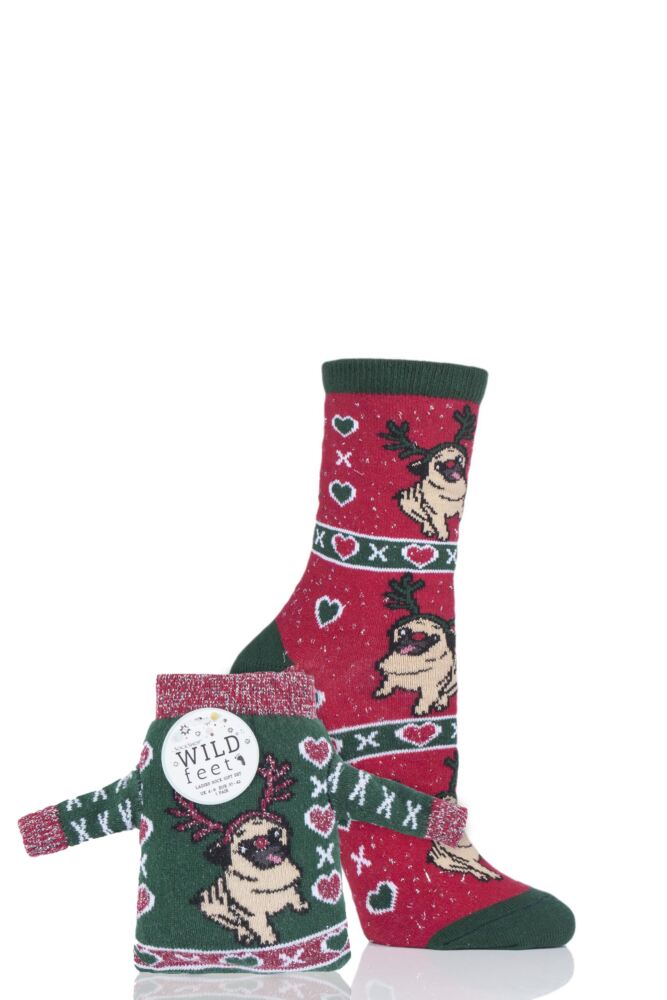 SOCKSHOP WILD FEET PUG CHRISTMAS JUMPER GIFT BAG SOCKS