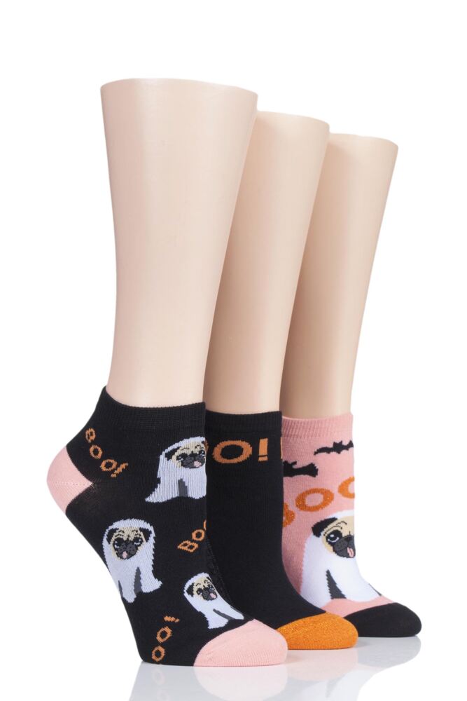  Ladies 3 Pair SockShop Wild Feet Ghost Pug Cotton Trainer Socks