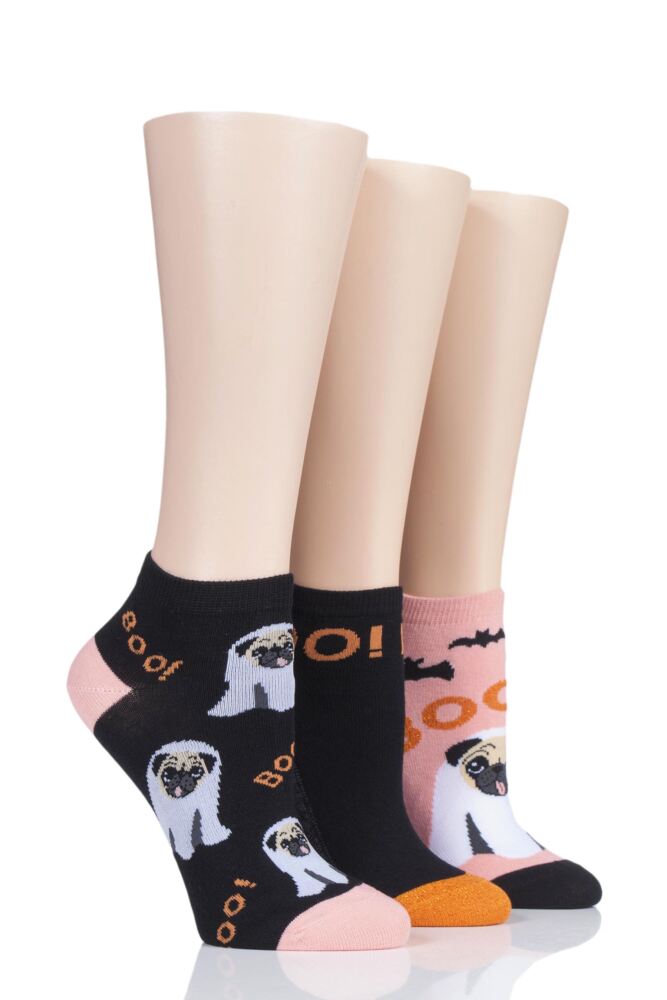 Ladies 3 Pair SockShop Wild Feet Ghost Pug Cotton Trainer Socks