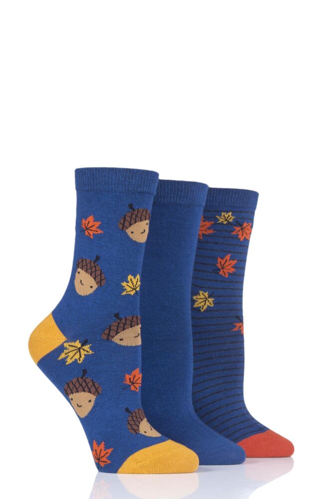  Ladies 3 Pair SockShop Wild Feet Acorns and Leaves Novelty Cotton Socks