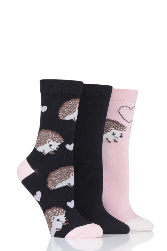  Ladies 3 Pair SockShop Wild Feet Hedgehog Novelty Cotton Socks