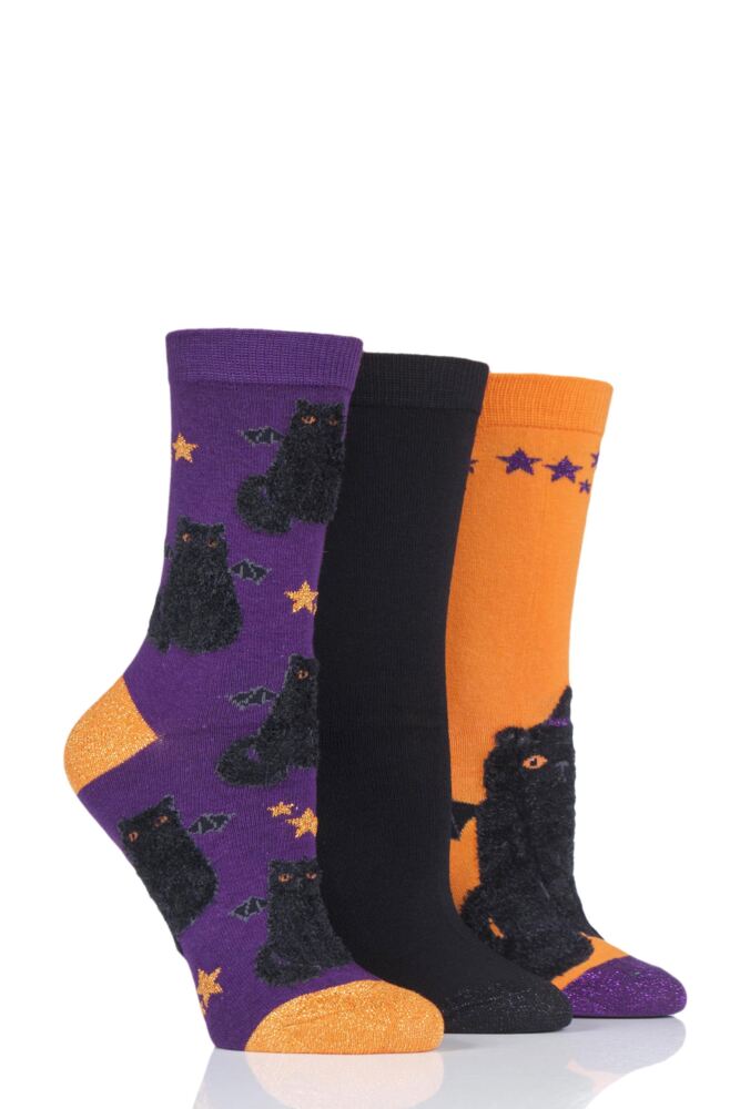  Ladies 3 Pair SockShop Wild Feet Halloween Cat Novelty Cotton Socks