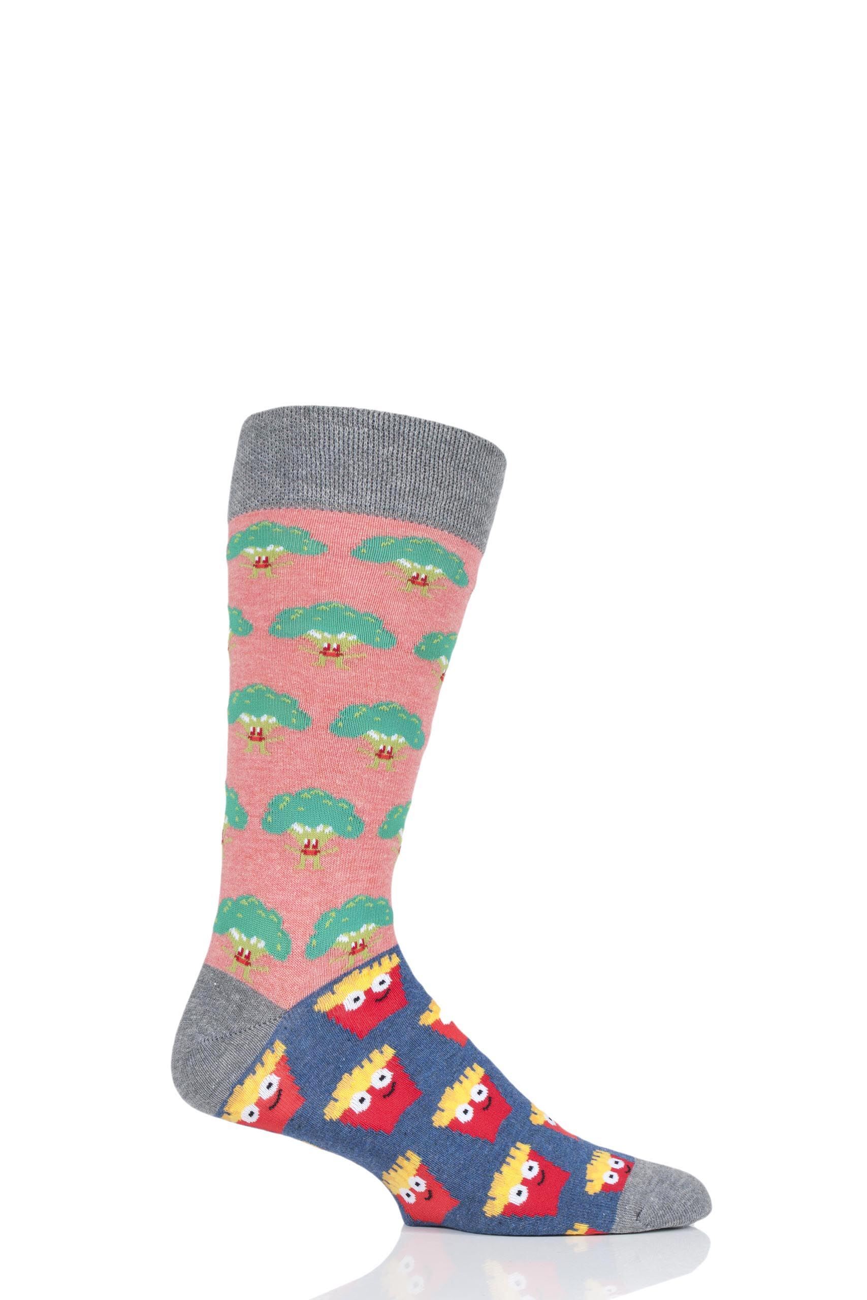 Image of 1 Pair Multi Broccoli Vs Fries Cotton Socks Unisex 3-6.5 Unisex - Moustard