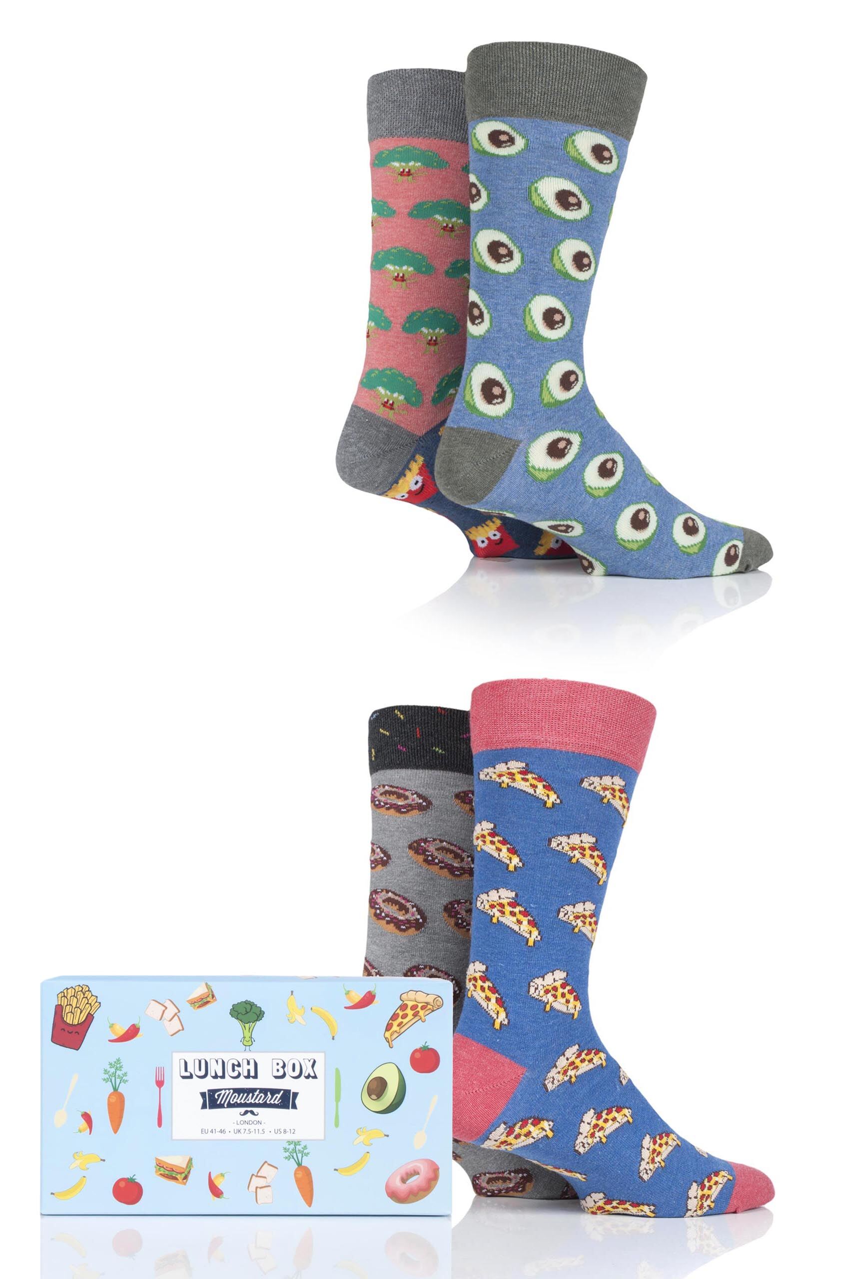 Image of 4 Pair Assorted Lunch Box Gift Boxed Cotton Socks Unisex 3-6.5 Unisex - Moustard