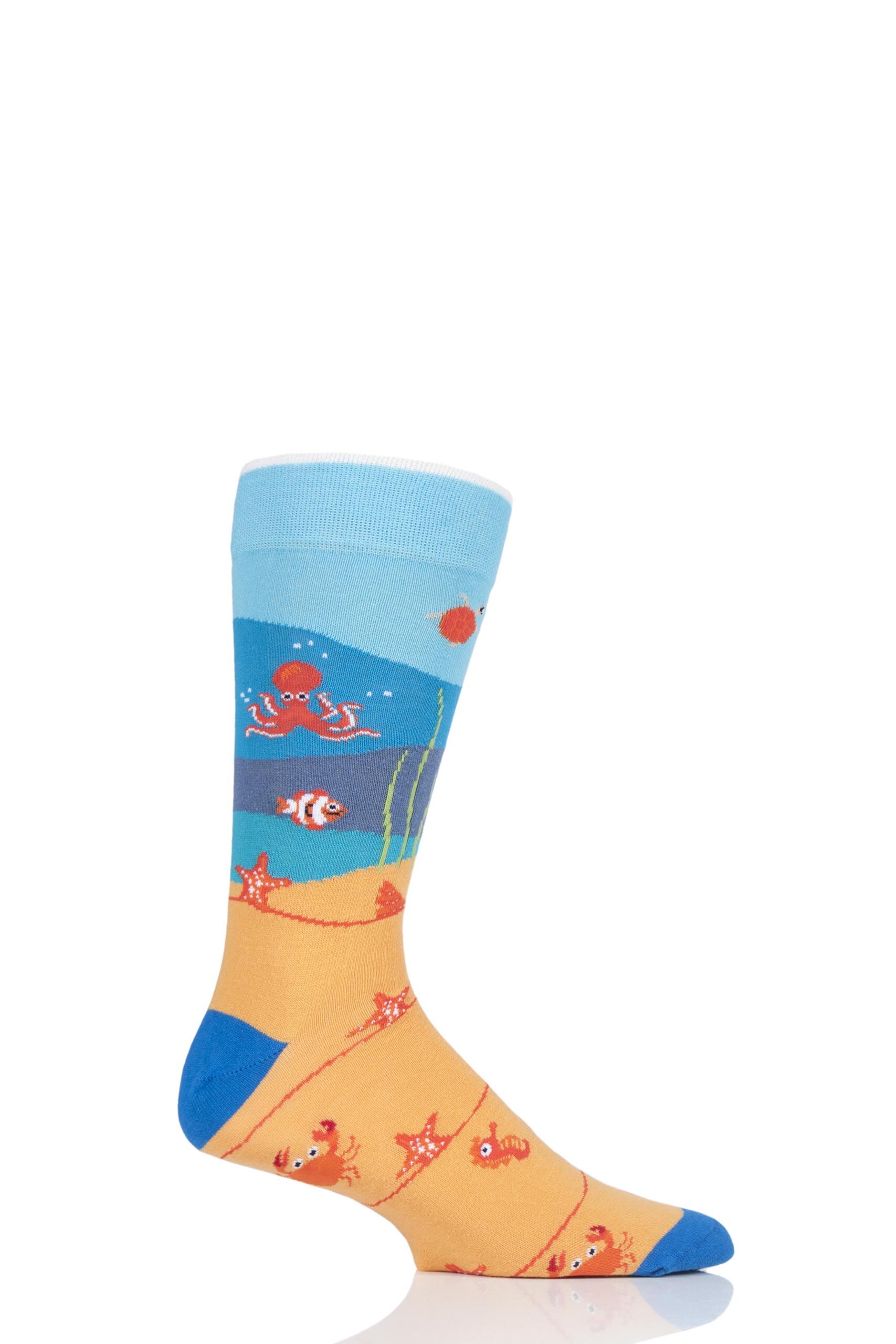 Image of 1 Pair Multi Sea Life Collection Coral Life Cotton Socks Unisex 3-6.5 Unisex - Moustard