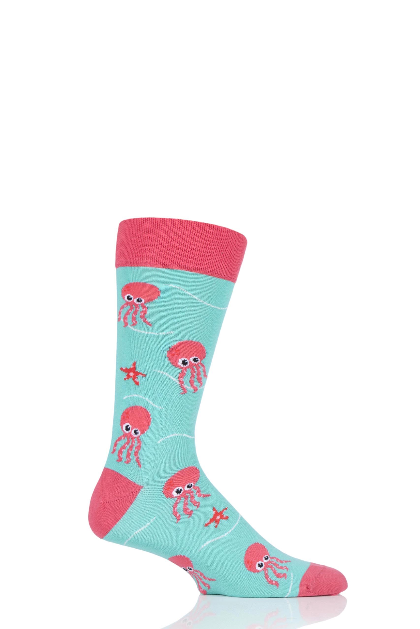 Image of 1 Pair Multi Sea Life Collection Octopus Cotton Socks Unisex 7.5-11.5 Unisex - Moustard