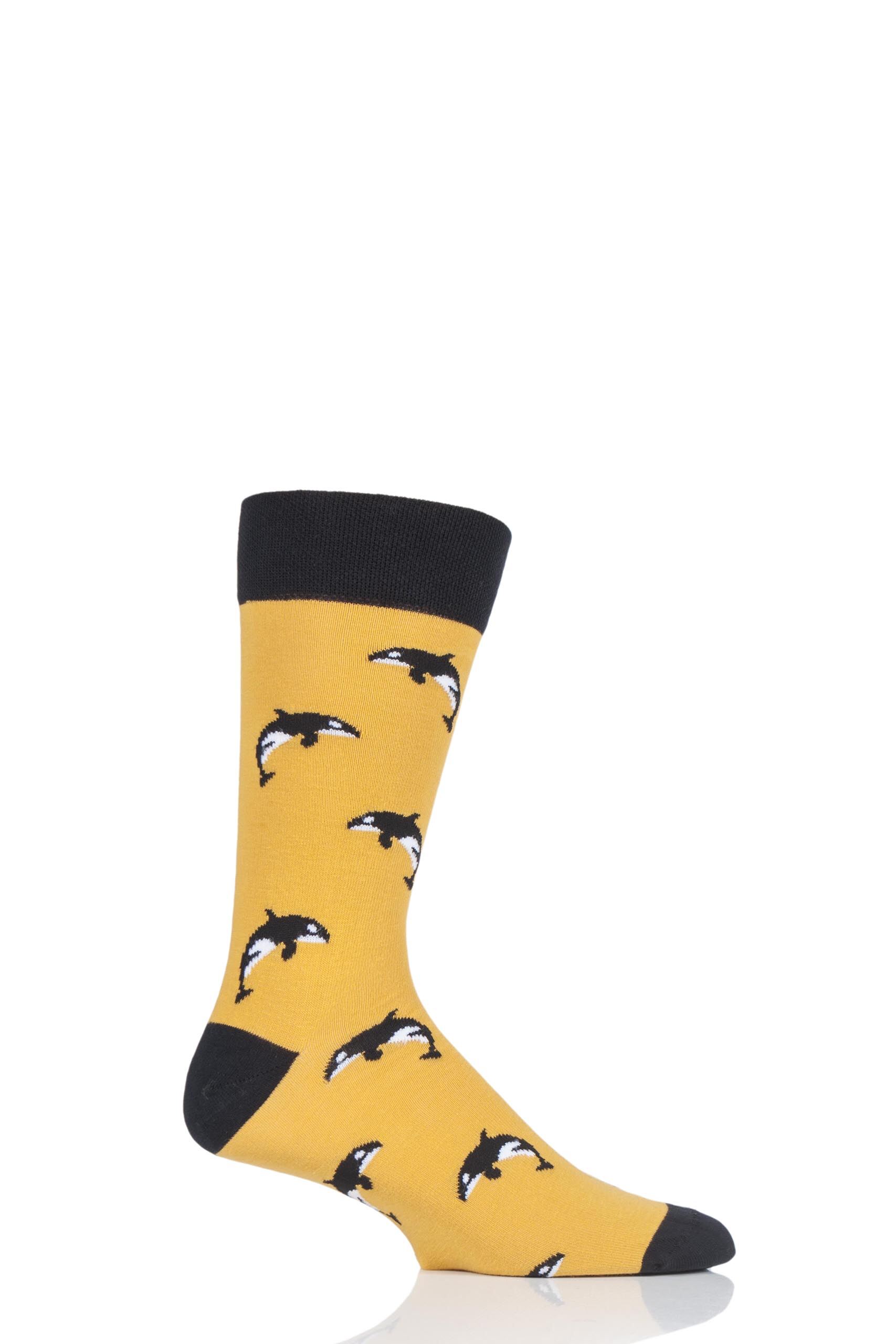 Image of 1 Pair Multi Sea Life Collection Orca Cotton Socks Unisex 3-6.5 Unisex - Moustard