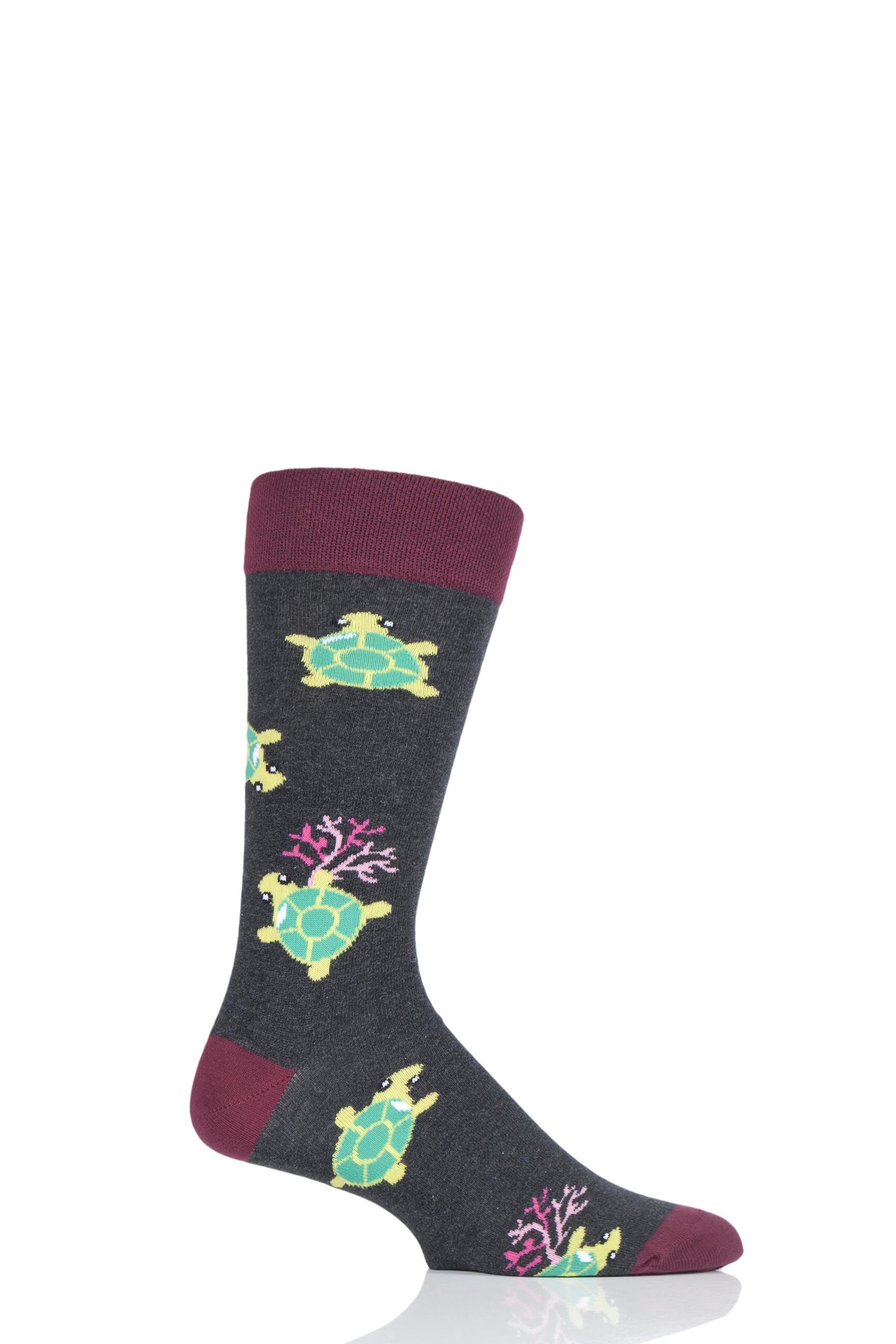 Image of 1 Pair Multi Sea Life Collection Sea Turtle Cotton Socks Unisex 3-6.5 Unisex - Moustard